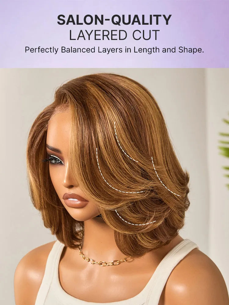Toffee Brown Mix Blonde / Brown Highlight Layered Cut Glueless 5x5 Closure Lace Bob Wig Pre-cut Lace All-Day Comfort Cap Secondary image