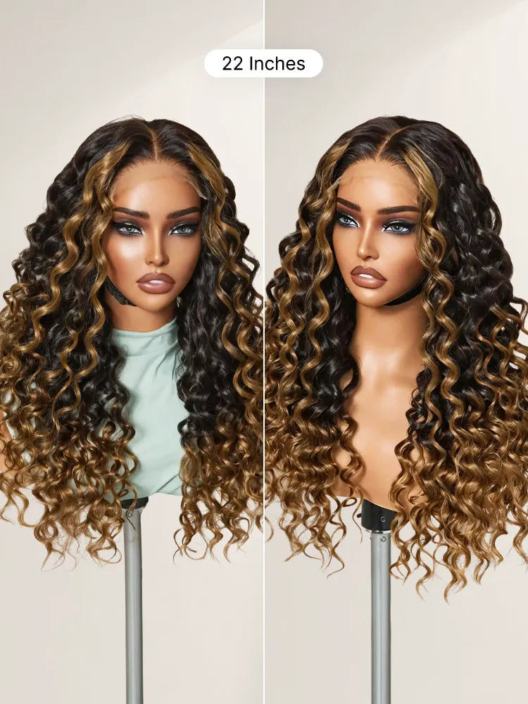 Fluffy Brown Ombre Highlights Water Wave Glueless 5x5 Closure HD Lace Long Curly Wig Breathable Cap Secondary image