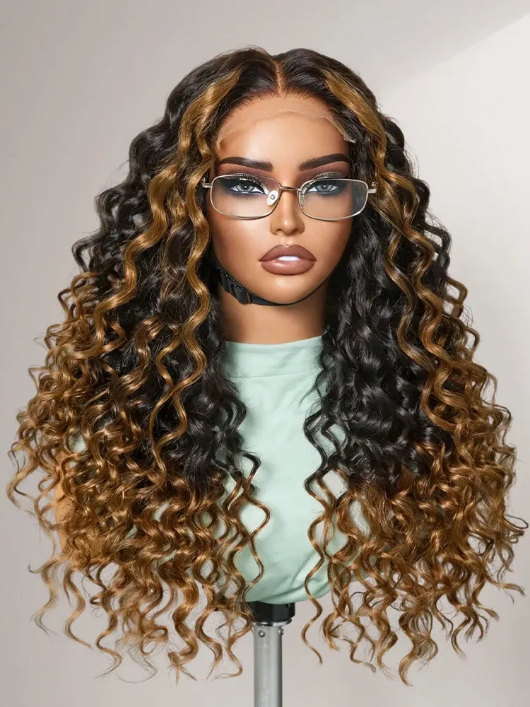 Fluffy Brown Ombre Highlights Water Wave Glueless 5x5 Closure HD Lace Long Curly Wig Breathable Cap Main image