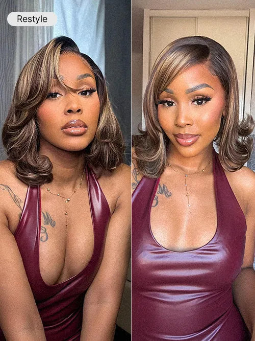 Blonde Highlight / Brown Highlight Short Layered Bob Wig Glueless 5x5 Closure Pre-Cut Lace Wig Secondary image