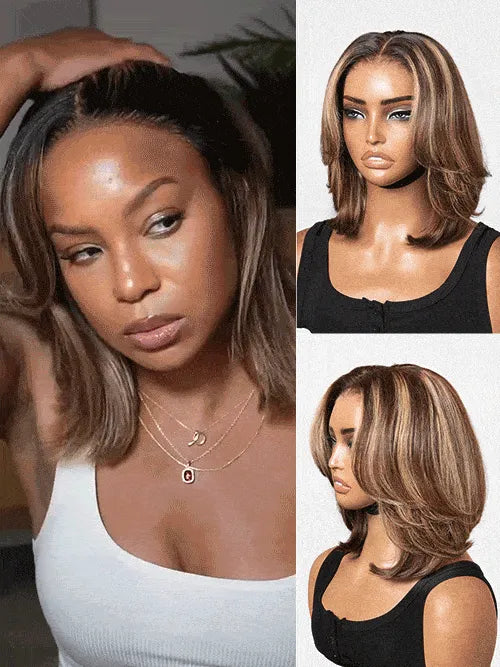Blonde Highlight / Brown Highlight Short Layered Bob Wig Glueless 5x5 Closure Pre-Cut Lace Wig
