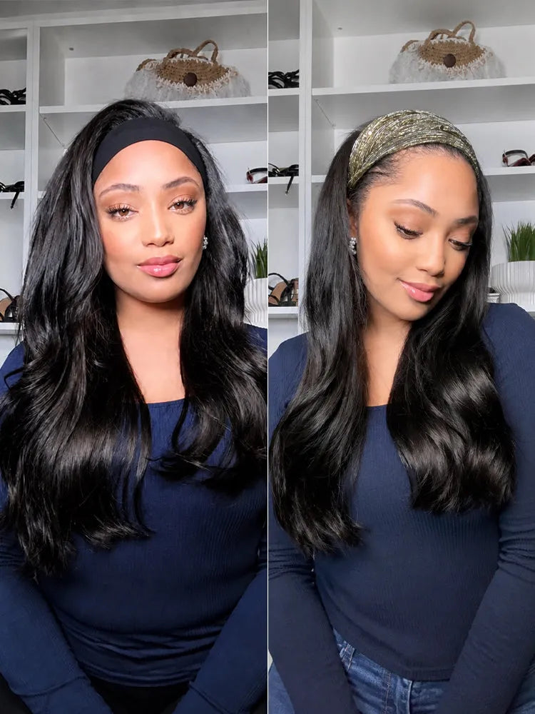 Natural Black Body Wave No Lace Glueless Long Headband Wig 100% Human Hair Main image