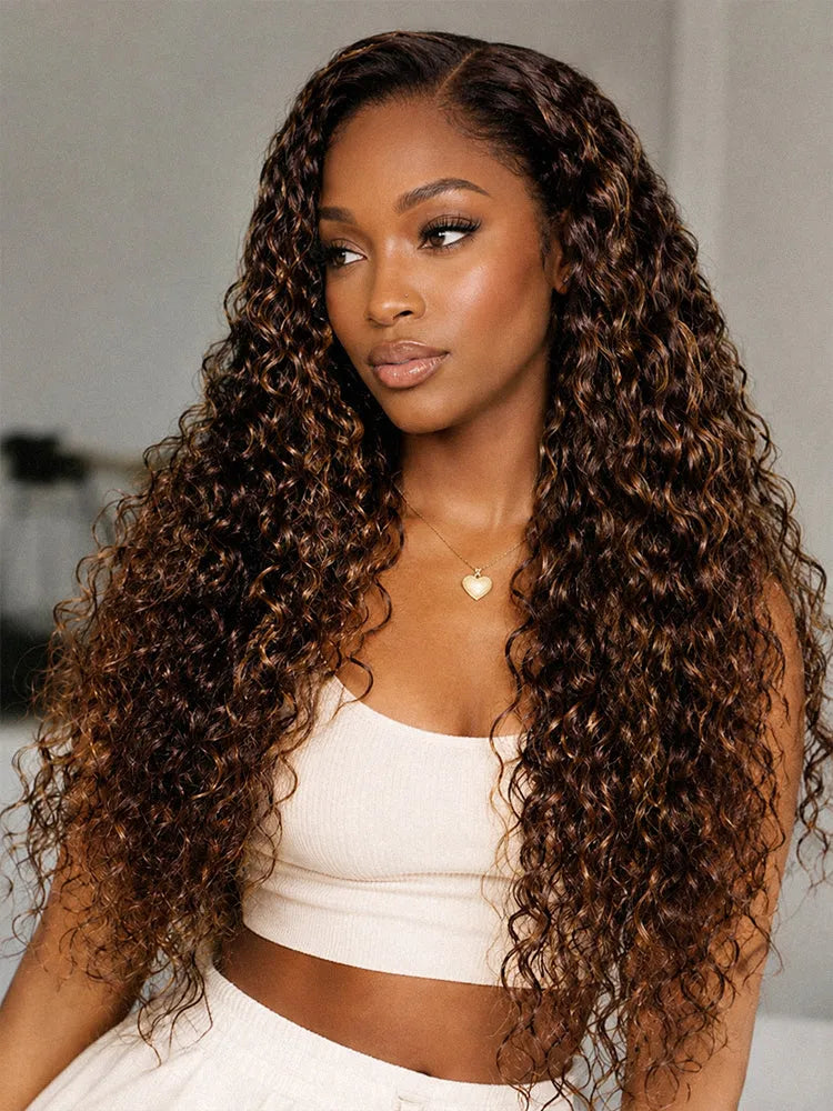 Luvme All-Day Comfort™ Wig PartingMax Brown Highlights Funmi Curly 7x6 Closure HD Lace Glueless Wig Pre Cut Lace Main image