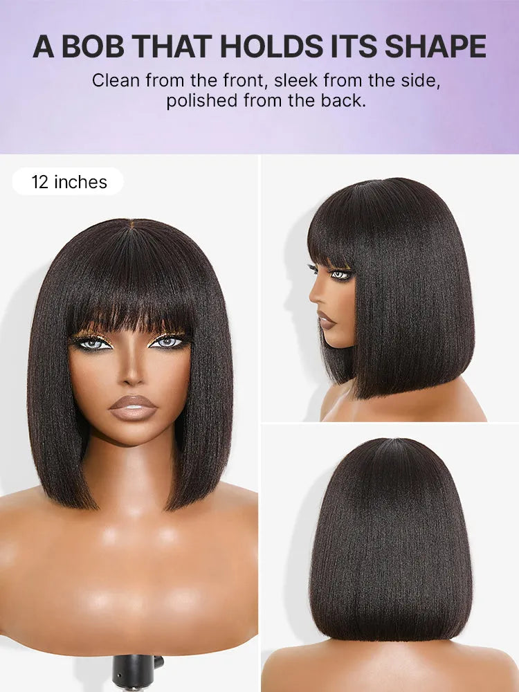 Put On and Go Realistic Glueless Yaki Straight Bob with Bangs Minimalist Lace Wig 100% Human Hair