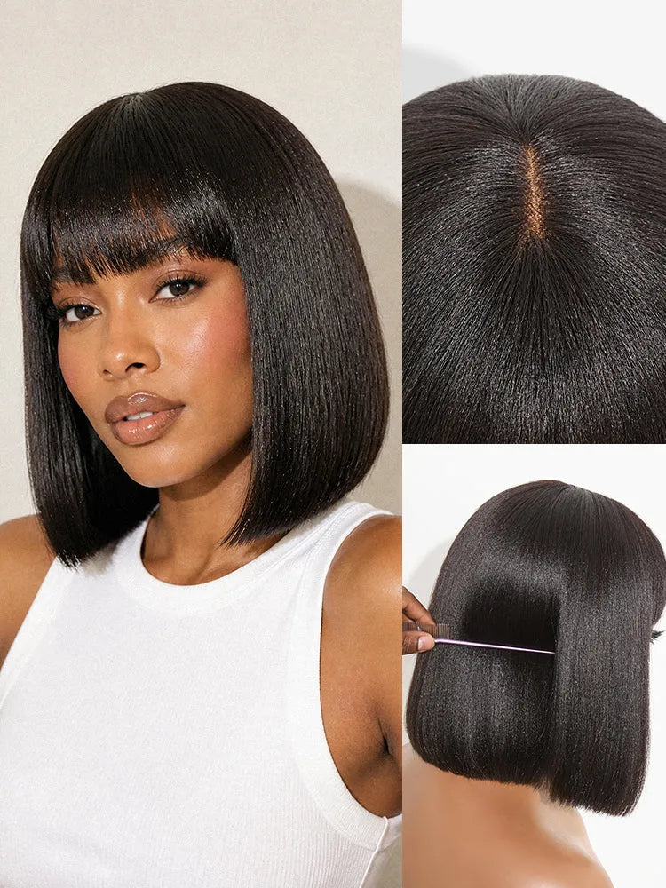 Put On and Go Realistic Glueless Yaki Straight Bob with Bangs Minimalist Lace Wig 100% Human Hair Main image