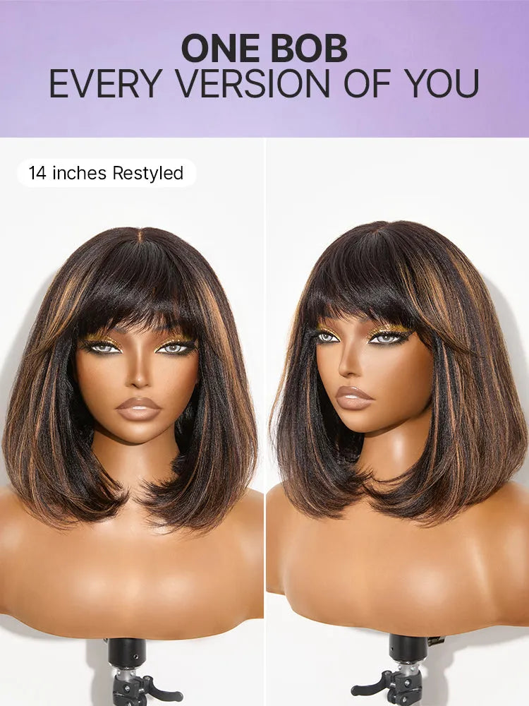 Put On and Go Realistic Glueless Yaki Straight Bob with Bangs Minimalist Lace Wig 100% Human Hair