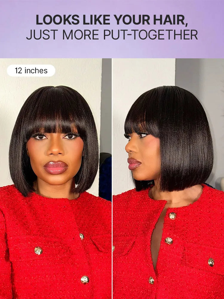 Put On and Go Realistic Glueless Yaki Straight Bob with Bangs Minimalist Lace Wig 100% Human Hair Secondary image