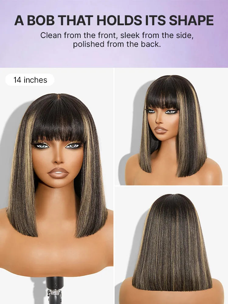 Put On and Go Realistic Glueless Yaki Straight Bob with Bangs Minimalist Lace Wig 100% Human Hair