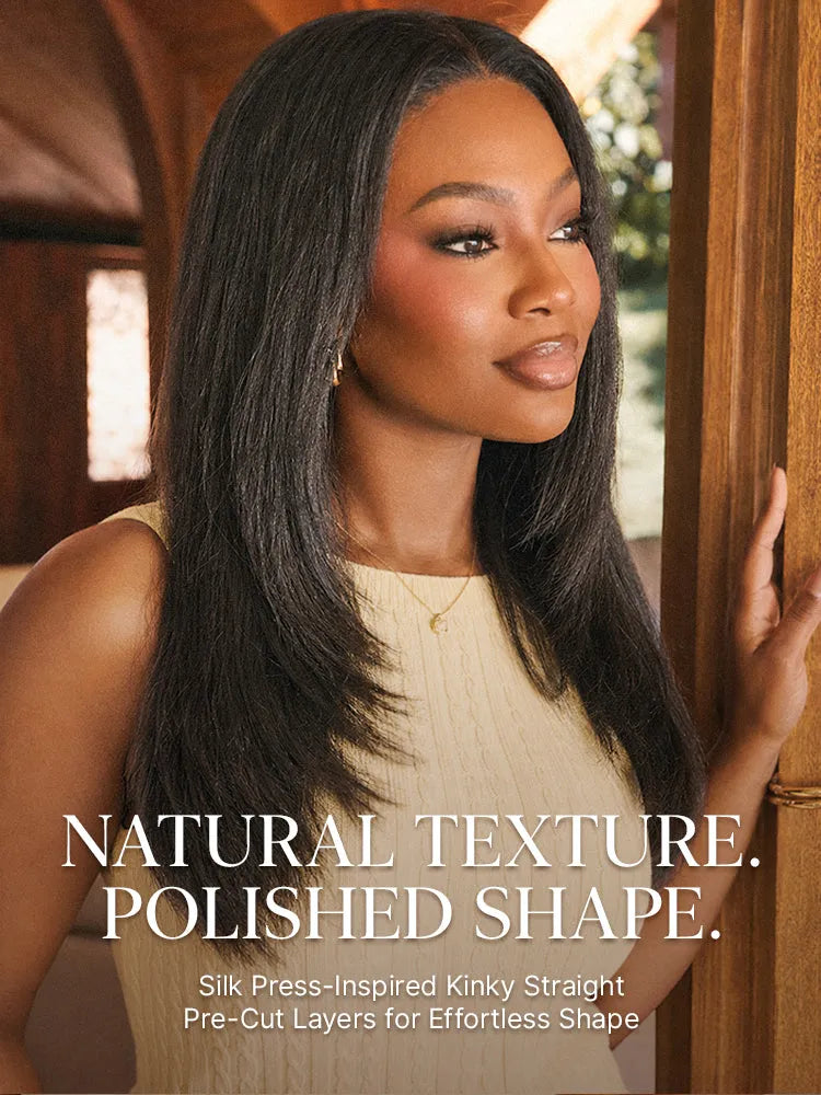 180% Density Light Kinky Straight Butterfly Cut Layered / Kinky Body Wave Glueless 7x6 Closure HD Lace Wig Pre-Cut Lace Secondary image