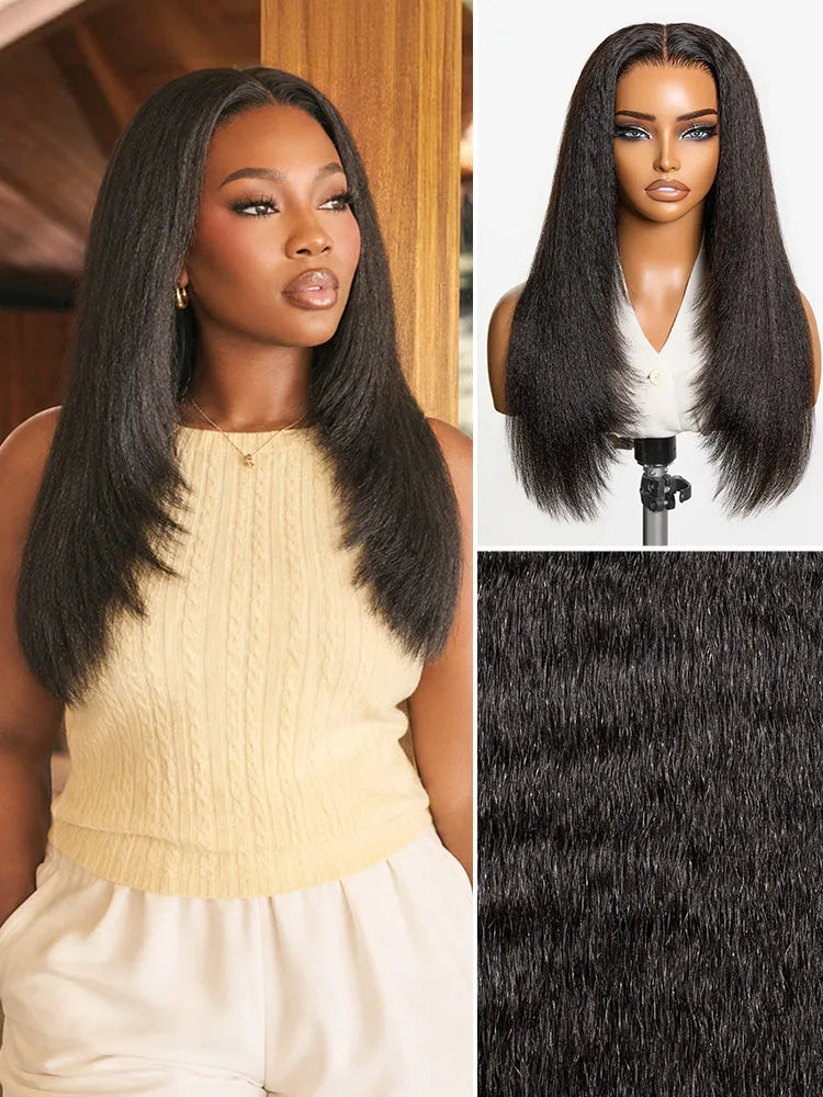180% Density Light Kinky Straight Butterfly Cut Layered / Kinky Body Wave Glueless 7x6 Closure HD Lace Wig Pre-Cut Lace Main image