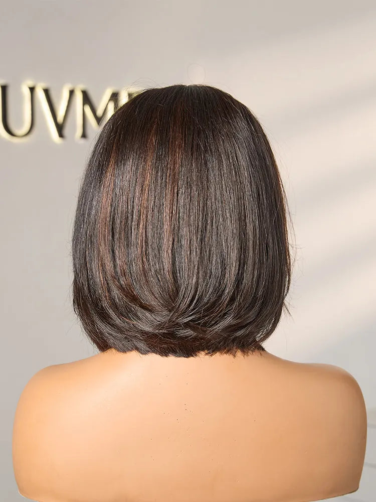 Brown Highlight Silky Short Bob Wig Layered Cut Human Hair Glueless 5x5 Closure Pre-Cut Lace Wig