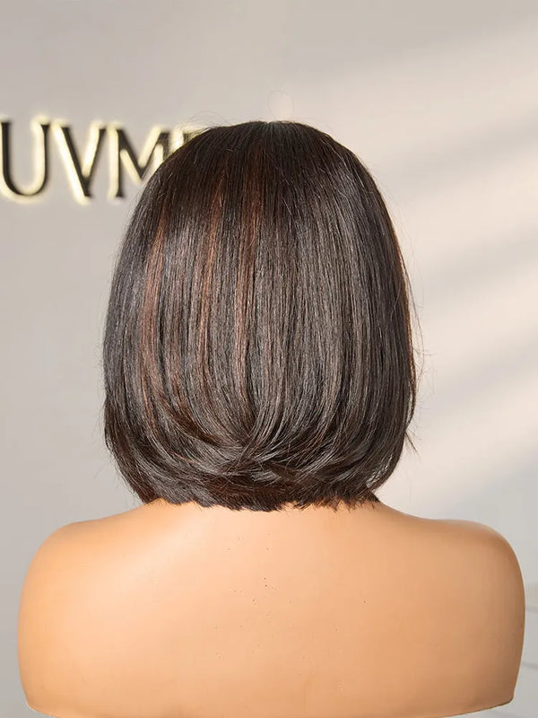 Brown Highlight Silky Short Bob Wig Layered Cut Human Hair Glueless 5x5 Closure Pre-Cut Lace Wig