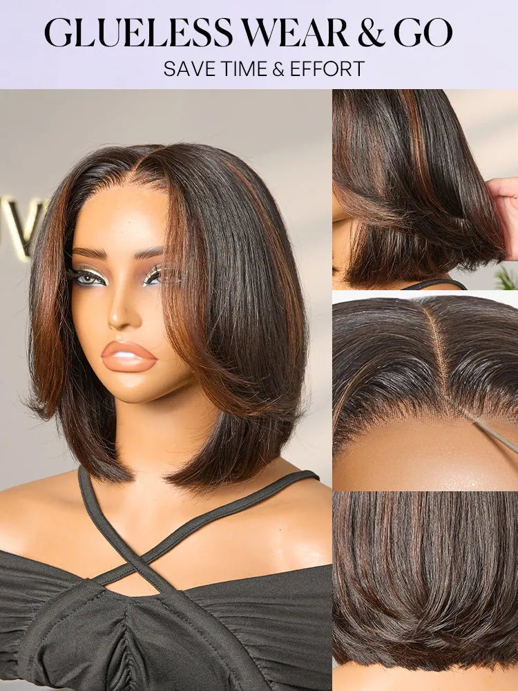 Brown Highlight Silky Short Bob Wig Layered Cut Human Hair Glueless 5x5 Closure Pre-Cut Lace Wig Secondary image
