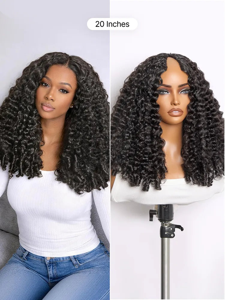 True Scalp V Part 180% Density Burmese Curly Finger Coil Ends Glueless Human Hair Wig with Flexi-Fit Drawstring