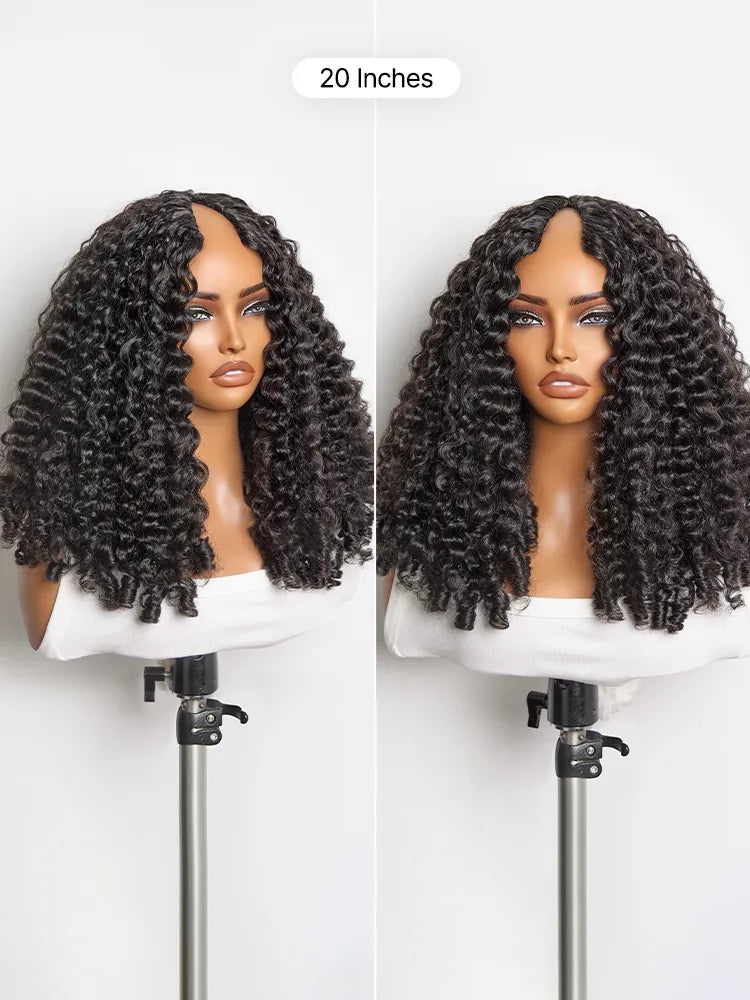 True Scalp V Part 180% Density Burmese Curly Finger Coil Ends Glueless Human Hair Wig with Flexi-Fit Drawstring