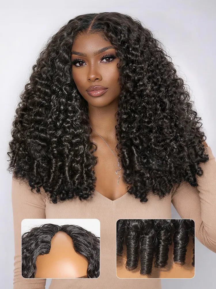True Scalp V Part 180% Density Burmese Curly Finger Coil Ends Glueless Human Hair Wig with Flexi-Fit Drawstring Main image