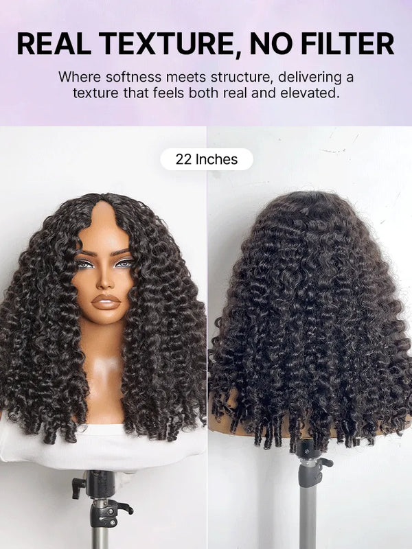 True Scalp V Part 180% Density Burmese Curly Finger Coil Ends Glueless Human Hair Wig with Flexi-Fit Drawstring