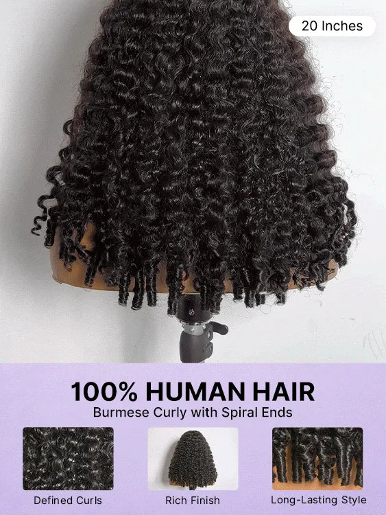 180% Density Burmese Curly Finger Coil Ends Glueless 5x5 Closure HD Lace Wig Pre-Cut Lace - Limited Time Offer