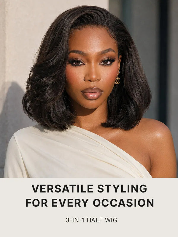 3-In-1 Half Wig 180% Density Kinky Straight Bob Glueless Flexi-Fit Drawstring Wig