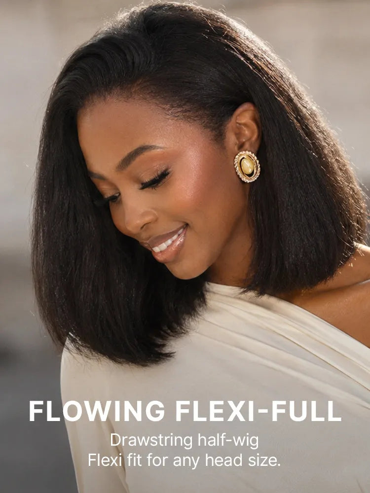 3-In-1 Half Wig 180% Density Kinky Straight Bob Glueless Flexi-Fit Drawstring Wig Secondary image