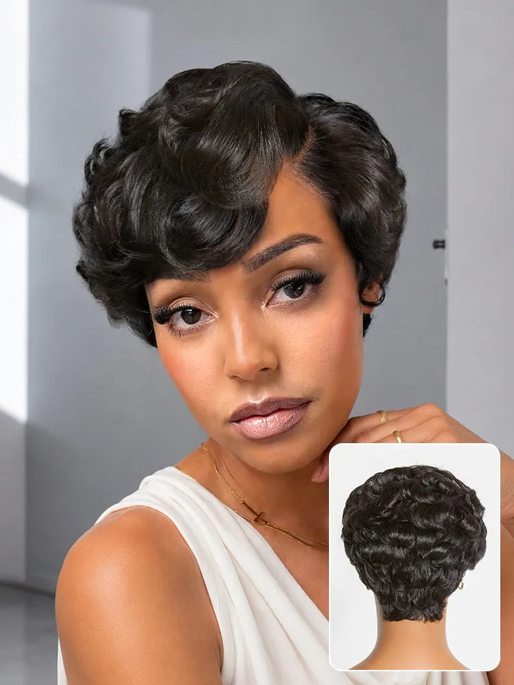 Beginner Friendly Natural Black Lightweight Roll Curl Glueless Minimalist HD Lace Short Pixie Cut Wig Pre Cut Lace Main image