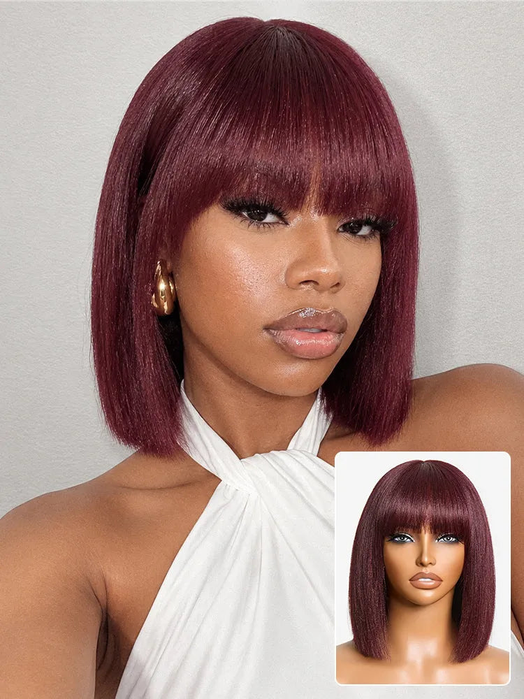 Reddish Purple Realistic Glueless Yaki Straight Bob with Bangs Minimalist Lace Bob Wig All-Day Comfort Cap Main image