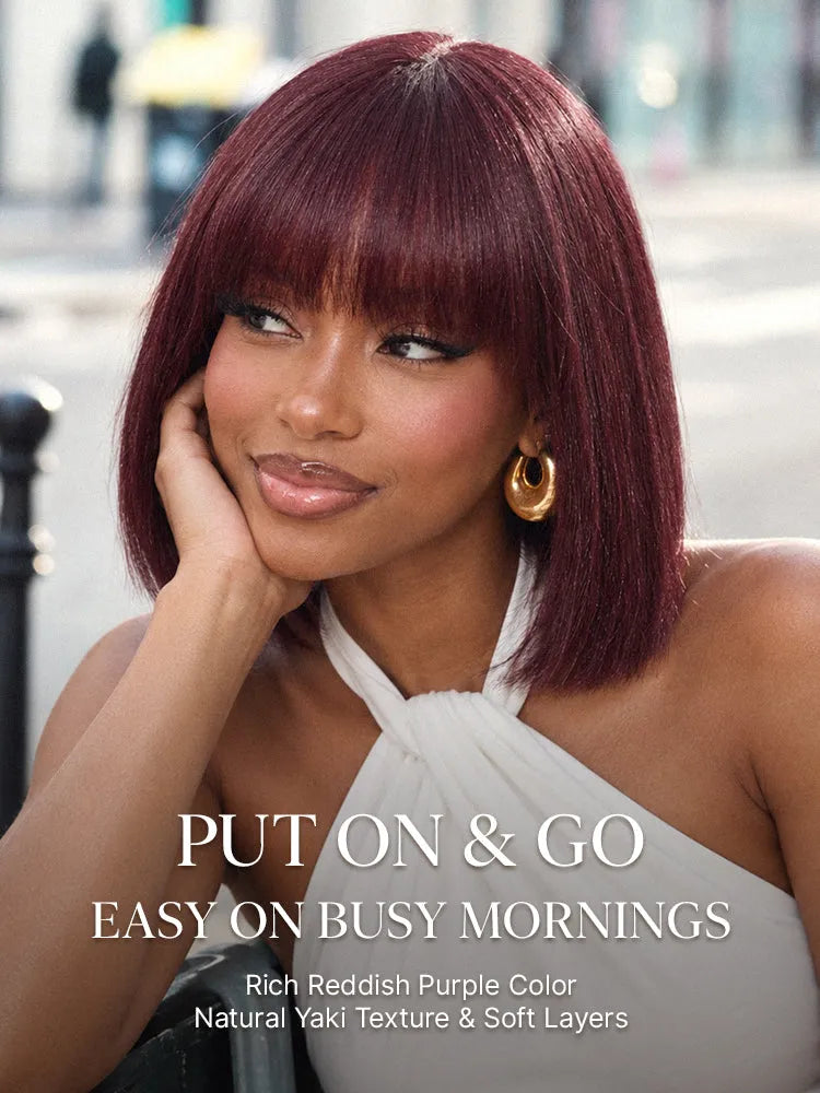 Reddish Purple Realistic Glueless Yaki Straight Bob with Bangs Minimalist Lace Bob Wig All-Day Comfort Cap Secondary image