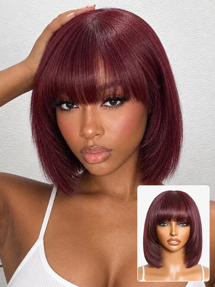 Put On and Go Reddish Purple Layered Cut Yaki Straight Minimalist Lace Bob Wig with Bangs All-Day Comfort Cap Main image