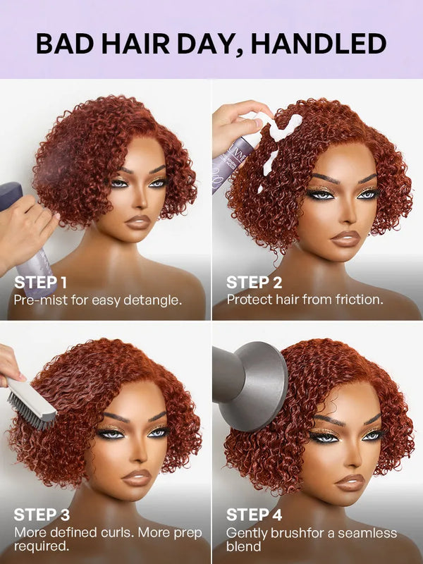 Trendy Copper Red Glueless Minimalist HD Lace Curly Bob Wig Pre-Cut Lace