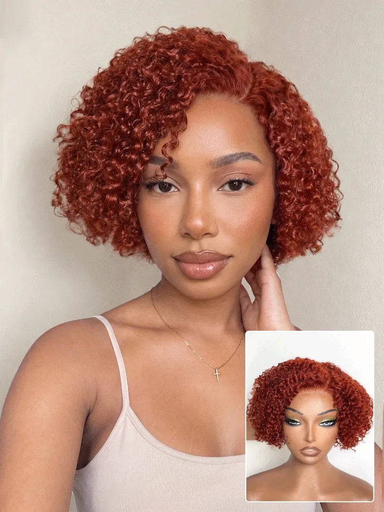Trendy Copper Red Glueless Minimalist HD Lace Curly Bob Wig Pre-Cut Lace Main image