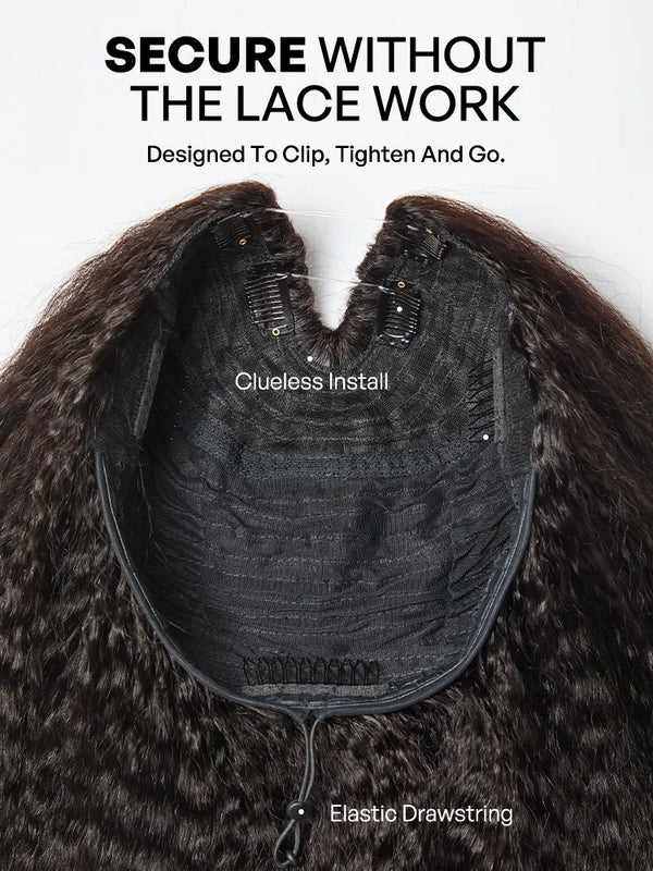 250% Density Kinky Straight Glueless V Part Wig 100% Human Hair with Flexi‑Fit Drawstring