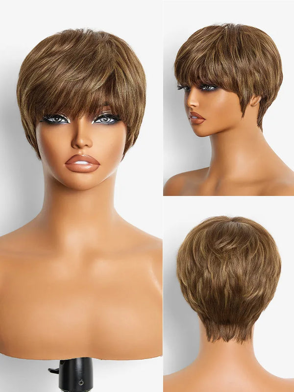 Throw On & Go Short Cut with Bangs Wig Ultra Comfort Skin-Like Soft Care Glueless Wig Hair Loss Friendly