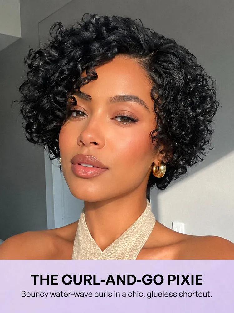 Natural Black / Brown Highlight Water Wave Pixie Cut Glueless Minimalist HD Lace Short Curly Wig Secondary image