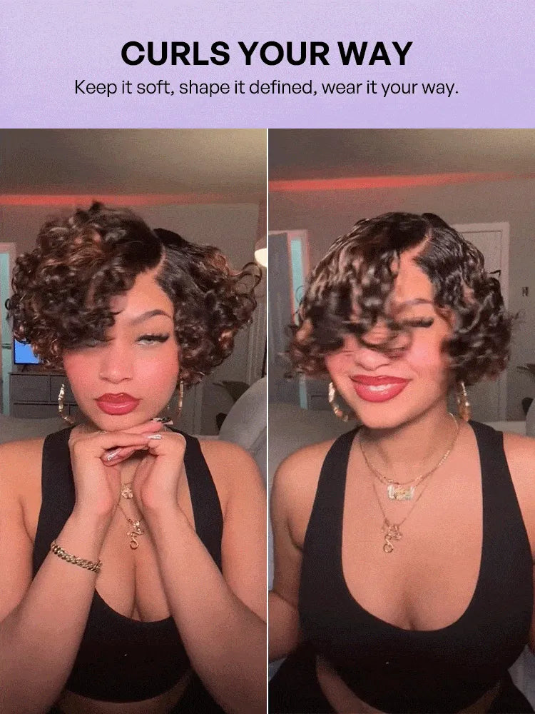 Natural Black / Brown Highlight Water Wave Pixie Cut Glueless Minimalist HD Lace Short Curly Wig