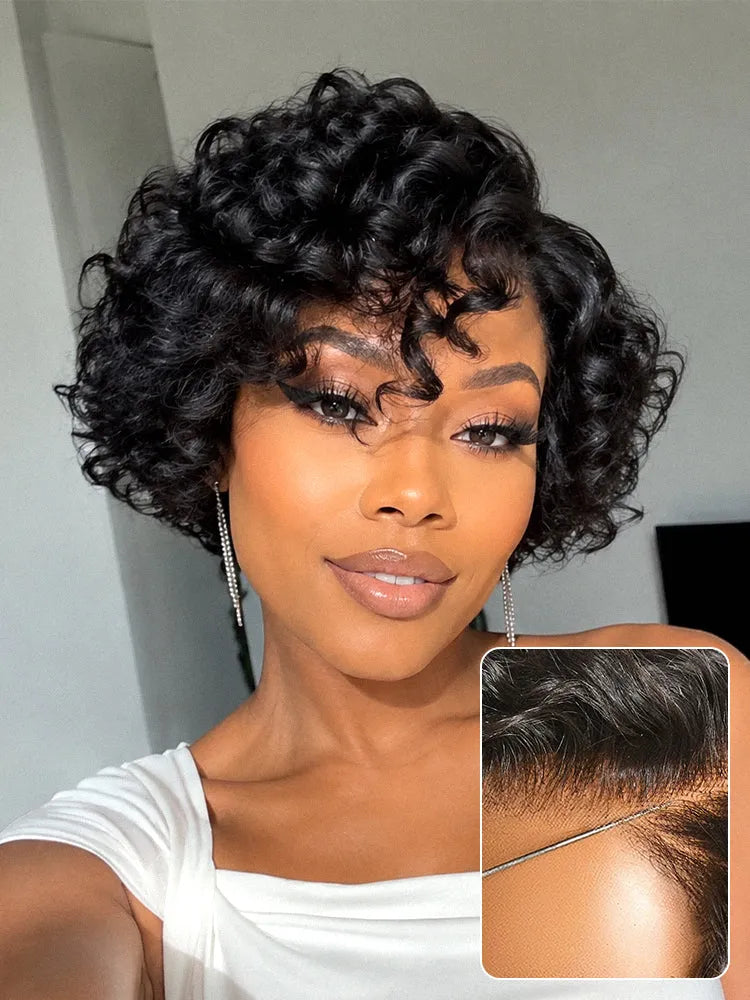 Natural Black / Brown Highlight Water Wave Pixie Cut Glueless Minimalist HD Lace Short Curly Wig Main image