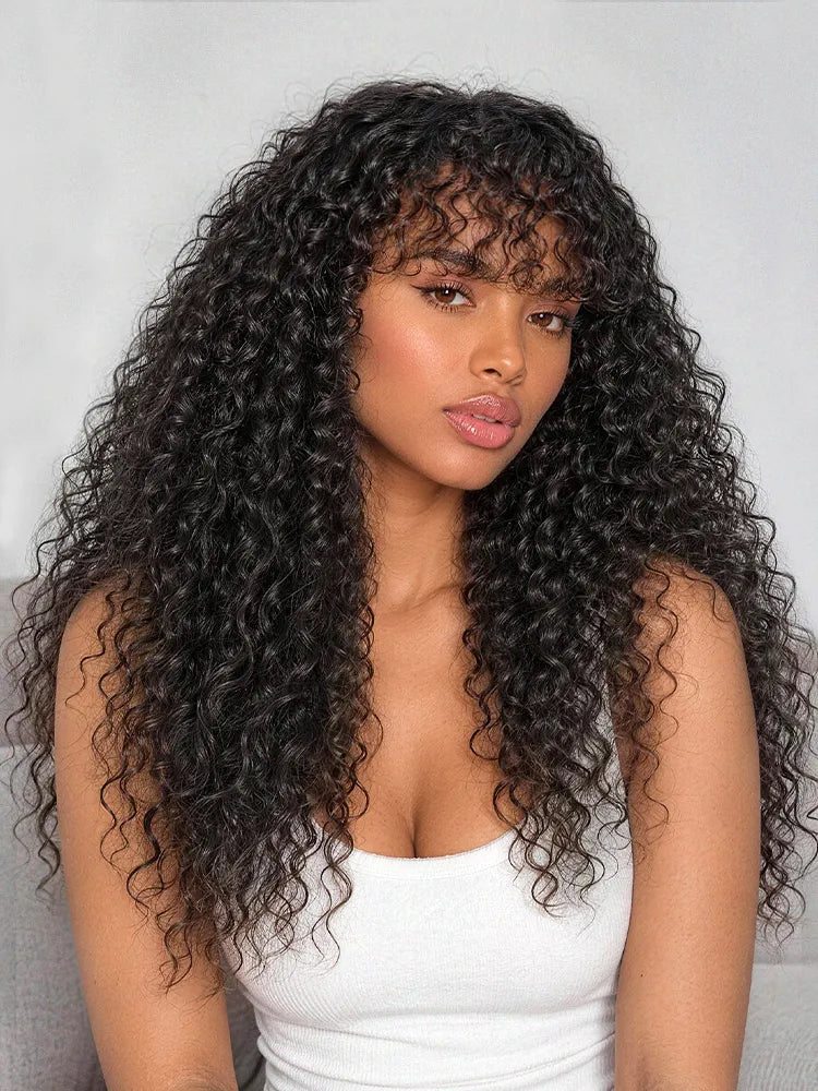 Beginner Friendly 200% Density Kinky Curly with Bangs Glueless 5x5 Closure Pre-Cut Lace Wig All Head Sizes Fit Cap Main image