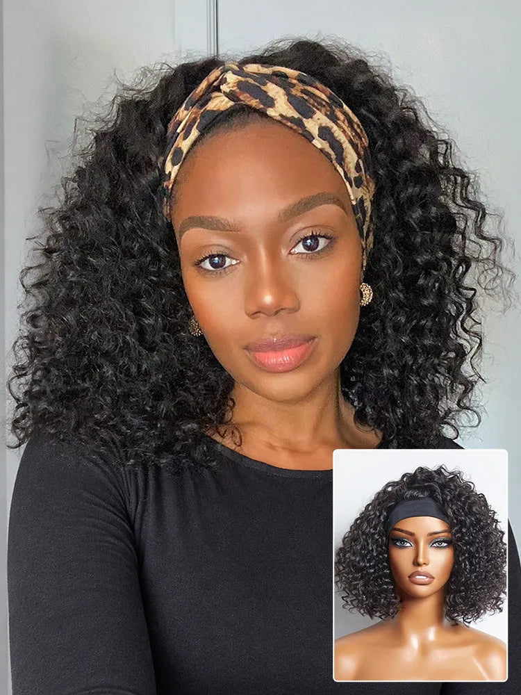 Deep Wave Glueless Curly Bob Wig Headband Wig 100% Human Hair (Get Free Trendy Headbands) Main image