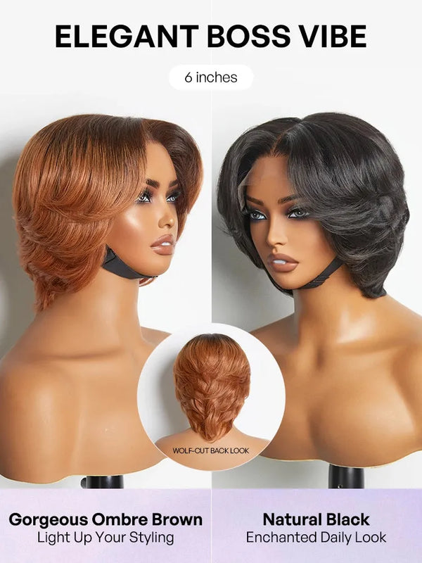 1 SEC INSTALL WIG | Elegant Boss Vibe Short Pixie Cut Natural Black / Ombre Brown Glueless Minimalist HD Lace Wig Pre Cut Lace
