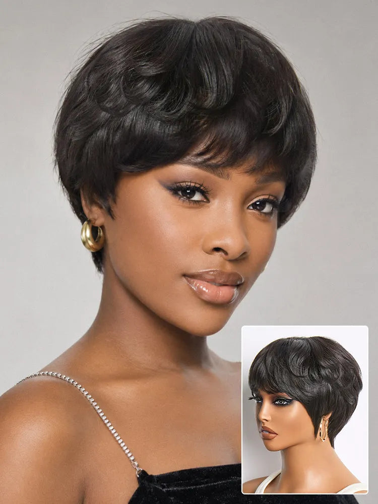 Throw On & Go Natural Black Pixie Cut with Bangs Glueless Minimalist Lace Wig Main image