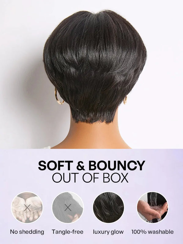 Throw On & Go Natural Black Pixie Cut with Bangs Glueless Minimalist Lace Wig