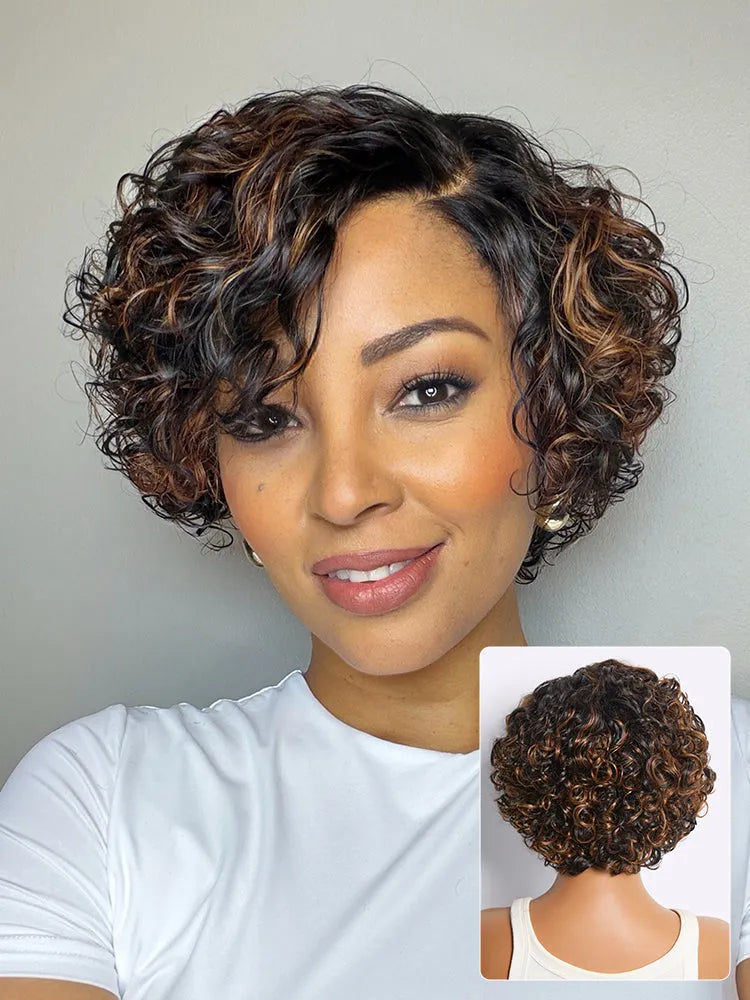 Brown Highlight Water Wave Pixie Cut Glueless Minimalist HD Lace Short Curly Wig Main image