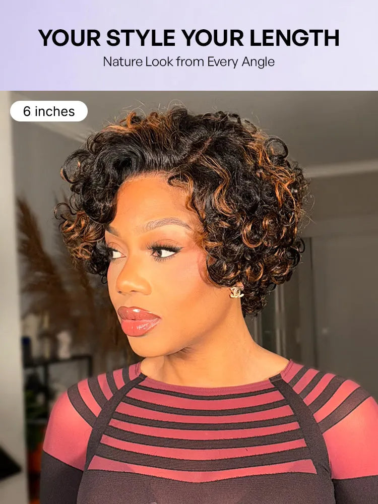 Brown Highlight Water Wave Pixie Cut Glueless Minimalist HD Lace Short Curly Wig Secondary image