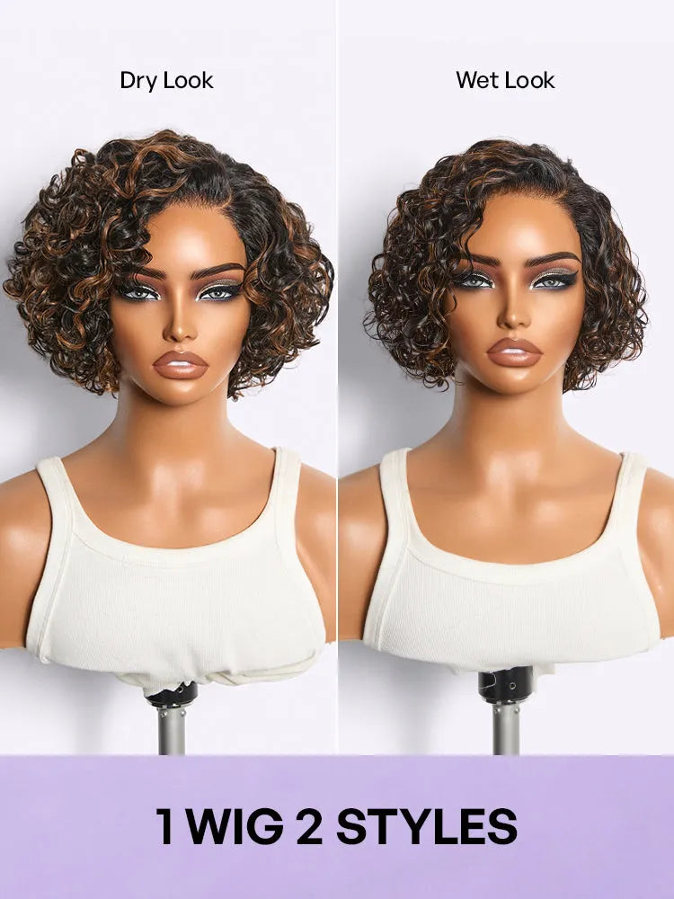Brown Highlight Water Wave Pixie Cut Glueless Minimalist HD Lace Short Curly Wig