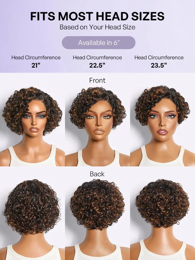 Brown Highlight Water Wave Pixie Cut Glueless Minimalist HD Lace Short Curly Wig