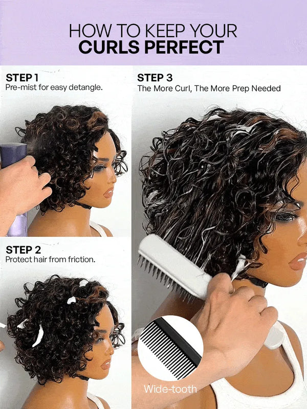 Brown Highlight Water Wave Pixie Cut Glueless Minimalist HD Lace Short Curly Wig
