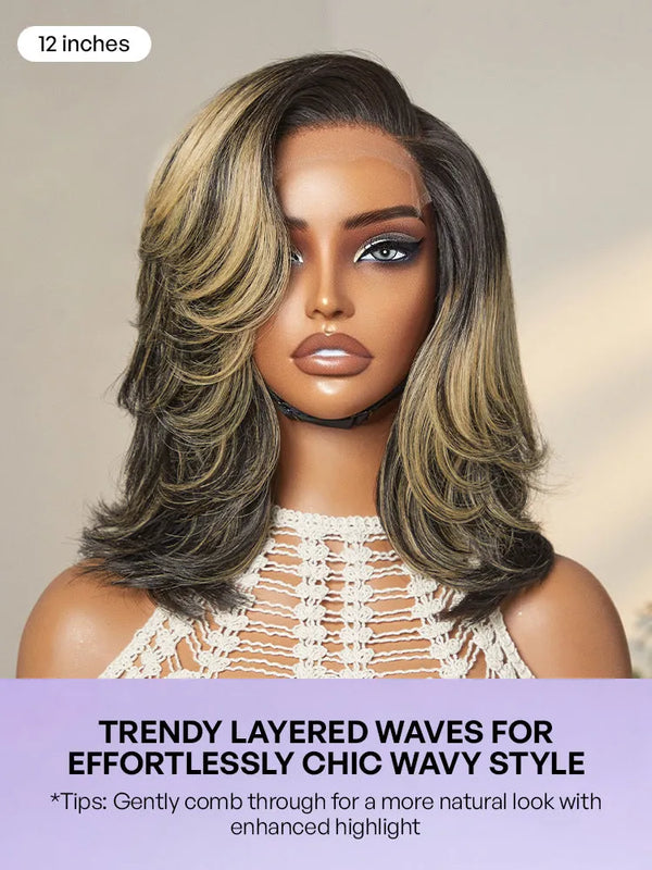 Honey Blonde Highlight Layered Cut Glueless Wig Minimalist HD Lace Human Hair Wig