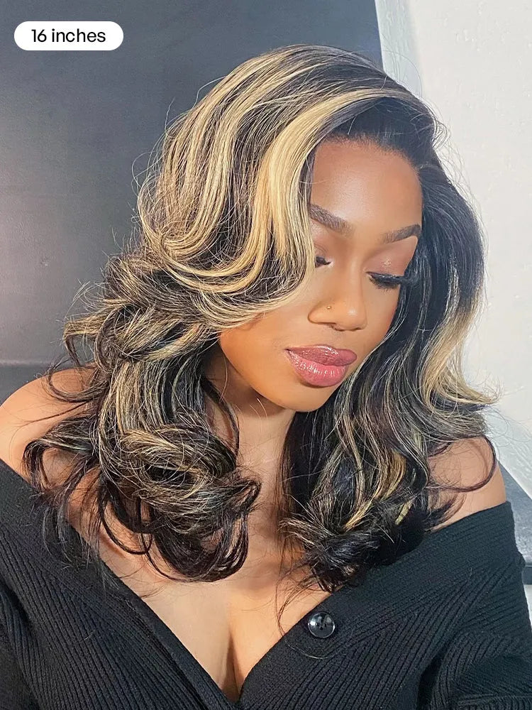 Honey Blonde Highlight Layered Cut Glueless Wig Minimalist HD Lace Human Hair Wig Secondary image