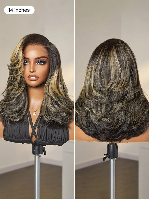 Honey Blonde Highlight Layered Cut Glueless Wig Minimalist HD Lace Human Hair Wig