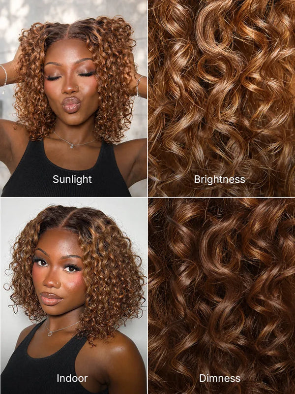 Warm Caramel Brown / Natural Black Deep Curly Glueless 5x5 Closure Pre-Cut Lace Wig