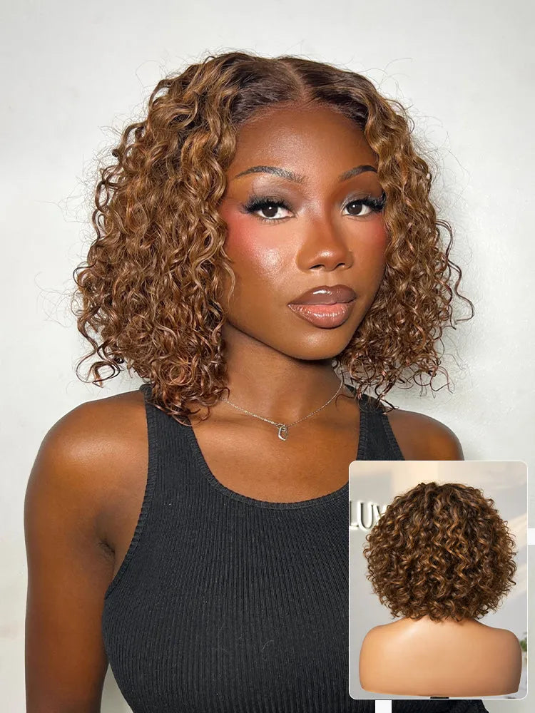 Warm Caramel Brown / Natural Black Deep Curly Glueless 5x5 Closure Pre-Cut Lace Wig Secondary image